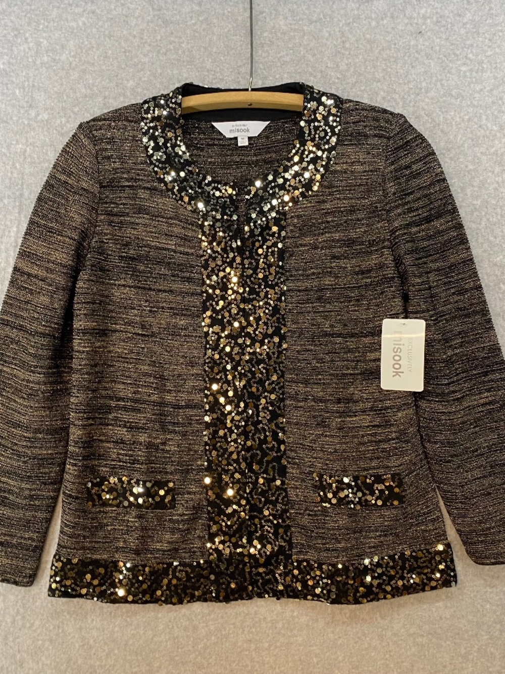 NEW! Misook Size M Sequin Trimmed Cardigan • Black Gold • Acrylic Blend